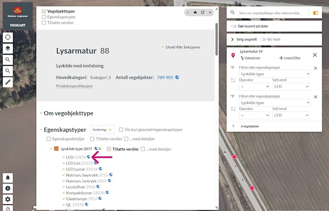 Her er det valgt "LED" som lyskildetype for objektet "Lysarmatur". Filteret sendes til Vegkart ved å klikke på globusen.