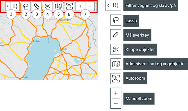 Bildet viser de 7 ulike verktøyene som er knyttet til kartet. 