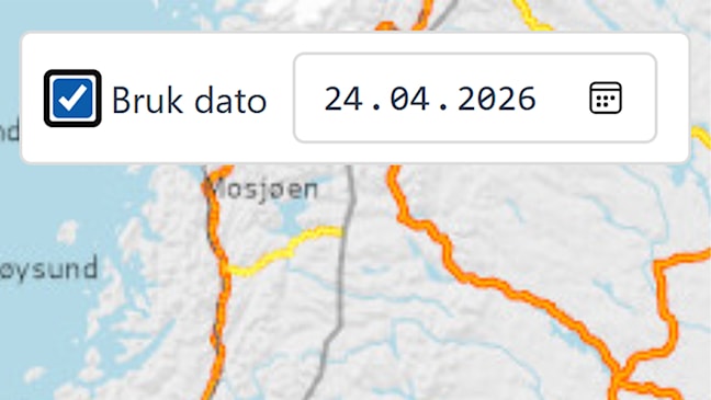 Skjermutsnitt fra NVDB Finn vegdata-tjenesten med kartvisning. Øverst i kartet ligger verktøylinjen som brukes til å gjøre søk og avgrensninger. Knappen for å kunne søke på vegobjekter som er/var aktive på valgt dato er markert.