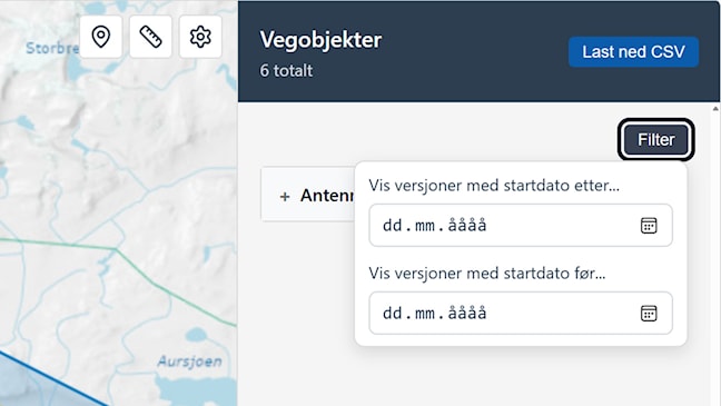 Skjermbilde fra NVDB Finn vegdata som viser detaljevisning av vegobjekter med åpent filterpanel. Øverst vises overskriften «Vegobjekter» og antall treff. Til høyre er filterknappen markert. I filterpanelet finnes to datofelt med kalenderikoner for å vise versjoner med startdato etter eller før valgt dato.
