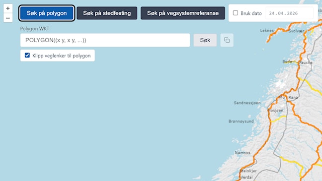 Skjermutsnitt fra NVDB Finn vegdata-tjenesten med kartvisning. Øverst i kartet ligger verktøylinjen som brukes til å gjøre søk og avgrensninger. Knappen for å kunne søke ved hjelp av polygon (polygonsøk) er valgt/markert.