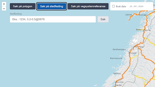 Skjermutsnitt fra NVDB Finn vegdata-tjenesten med kartvisning. Øverst i kartet ligger verktøylinjen som brukes til å gjøre søk og avgrensninger. Knappen for å kunne søke på stedfesting er valgt/markert.