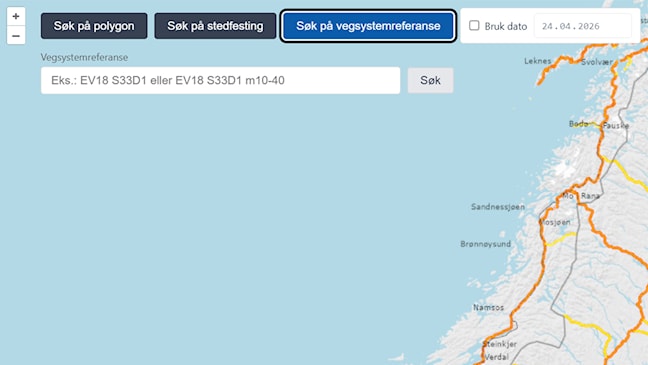 Skjermutsnitt fra NVDB Finn vegdata-tjenesten med kartvisning. Øverst i kartet ligger verktøylinjen som brukes til å gjøre søk og avgrensninger. Knappen for å kunne søke på vegsystemreferanse er valgt/markert.