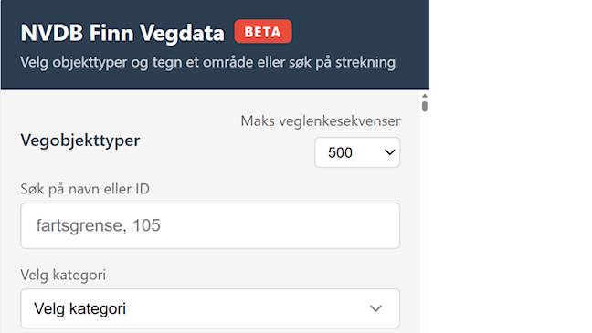 Skjermbilde fra tjenesten NVDB Finn Vegdata som viser søkefelt for vegobjekttyper og valg av kategori.