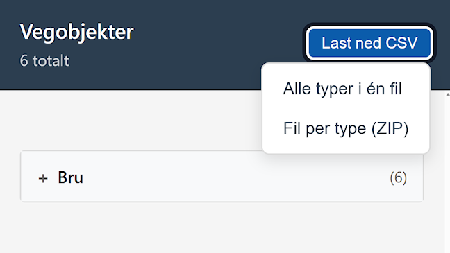 Skjermutsnitt av sidepanelet i NVDB Finn vegdata-tjenesten, som viser søkeresultater og knappen «Last ned CSV».