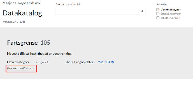 Skjermbilde fra NVDB Datakatalog sitt brukergrensesnitt. Inne på en spesifikk vegobjekttype, her "Fartsgrense", er nedlasningslenken for produktspesifikasjon markert med en rød firkant. 