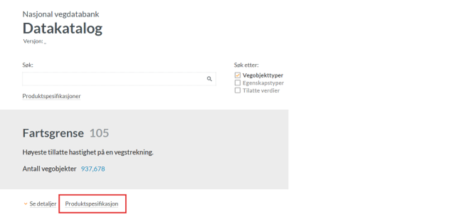 Skjermbilde fra NVDB Datakatalog med knapp for produktspesifikasjon uthevet.
