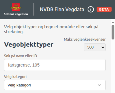 Skjermbilde fra tjenesten NVDB Finn Vegdata som viser søkefelt for vegobjekttyper og valg av kategori.