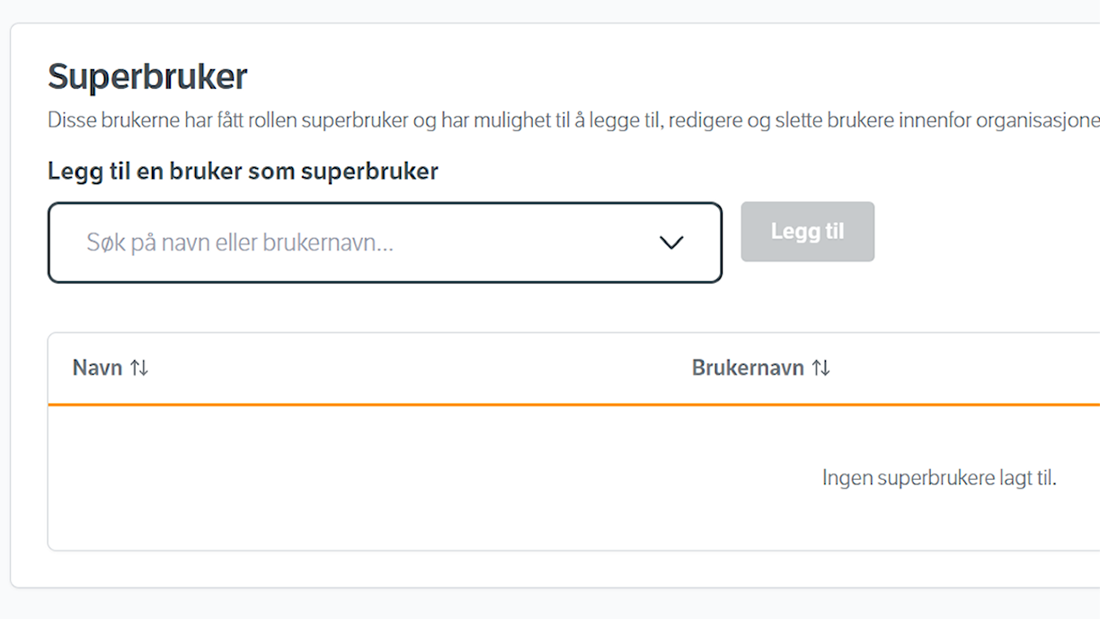 Skjermbilde fra NVDB Tilgangskontroll som viser seksjonen for superbrukere som finnes på organisasjonssiden.