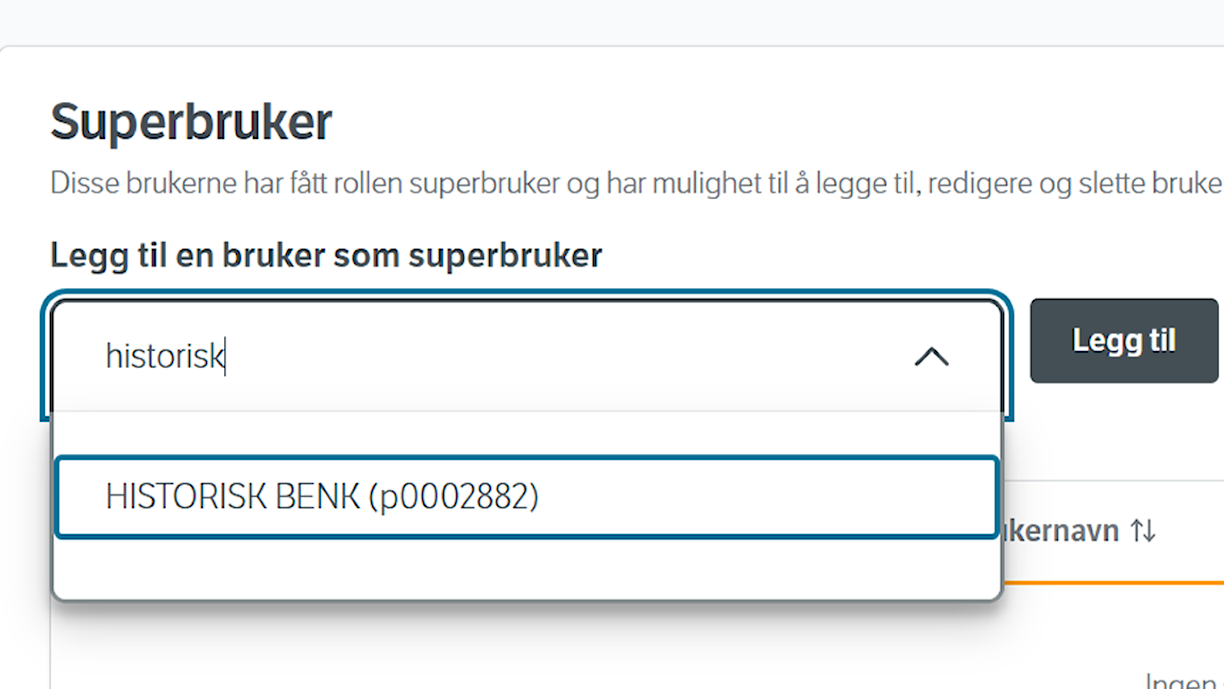 Skjermbilde fra NVDB Tilgangskontroll som viser panelet for å søke etter og legge til en superbruker.